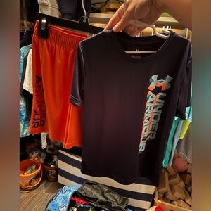 Under Armour Dark Blue Tee and Bright Orange Shorts boys size 7